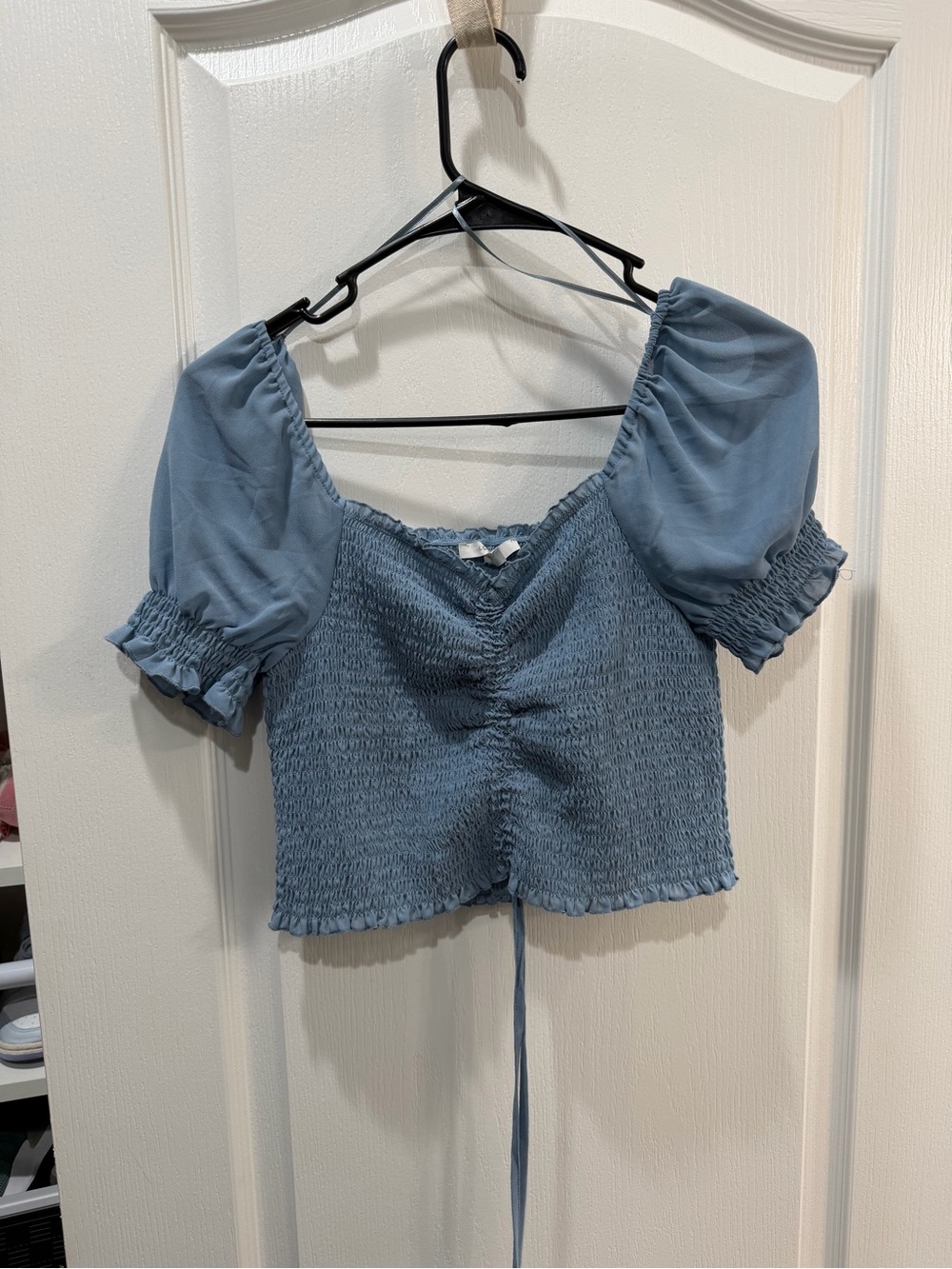 Blue Puff Sleeve Smocked Crop Top